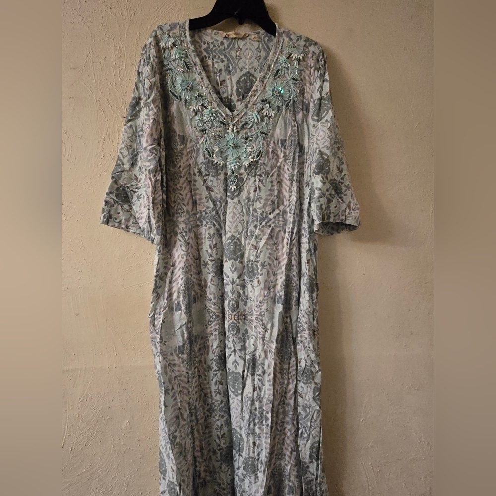 Soft Surroundings Teal Beaded Long Sleeve Dress